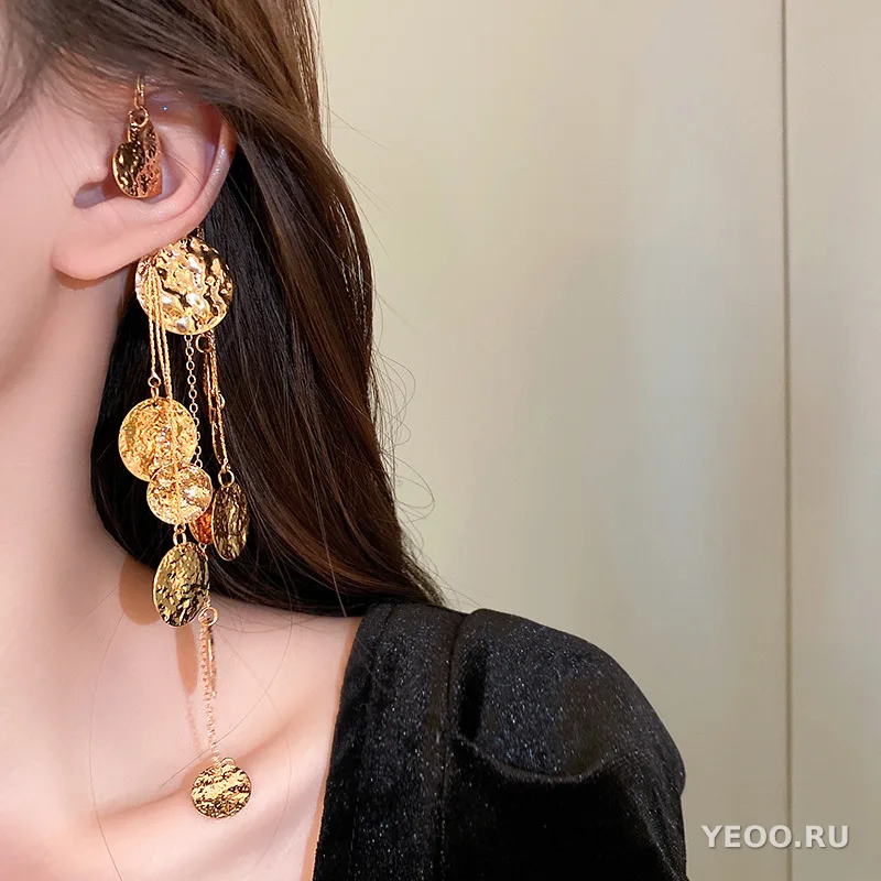 Серьги-подвески круглые складчатые с блёстками и кисточками, металлические, без прокола, для хрящика уха