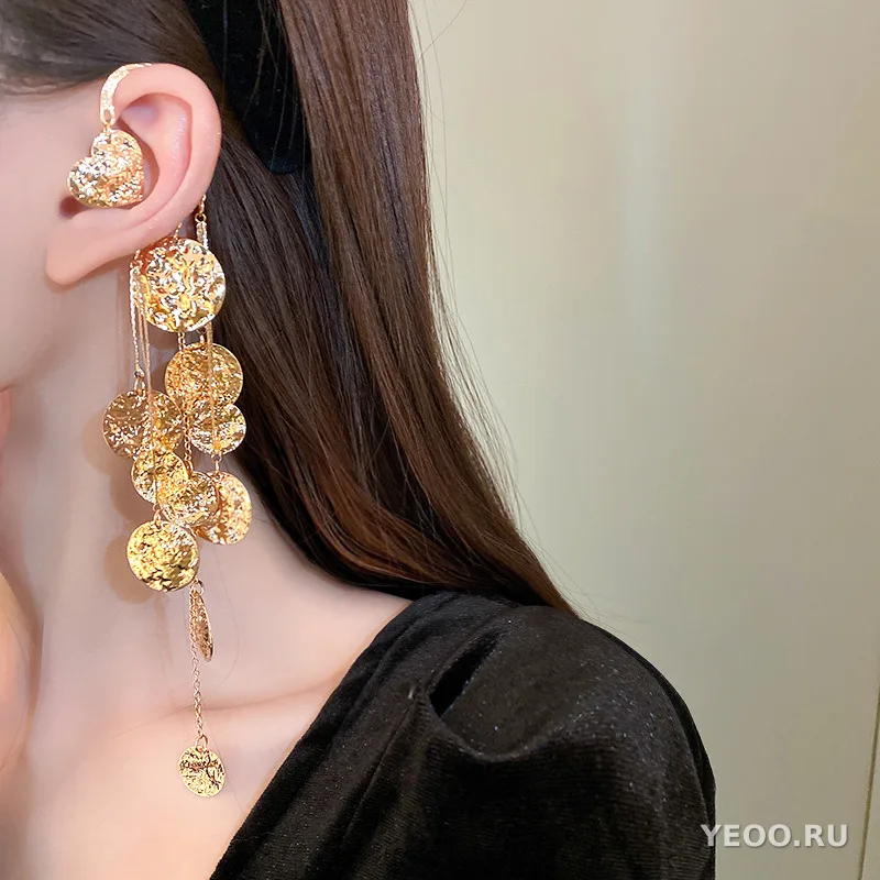 Серьги-подвески круглые складчатые с блёстками и кисточками, металлические, без прокола, для хрящика уха