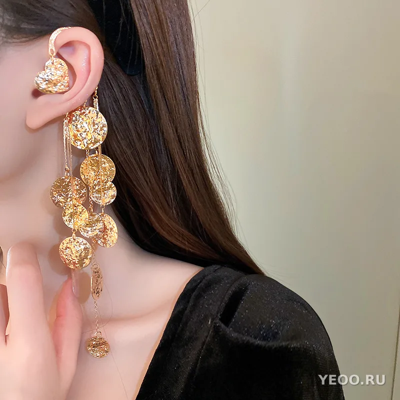 Серьги-подвески круглые складчатые с блёстками и кисточками, металлические, без прокола, для хрящика уха