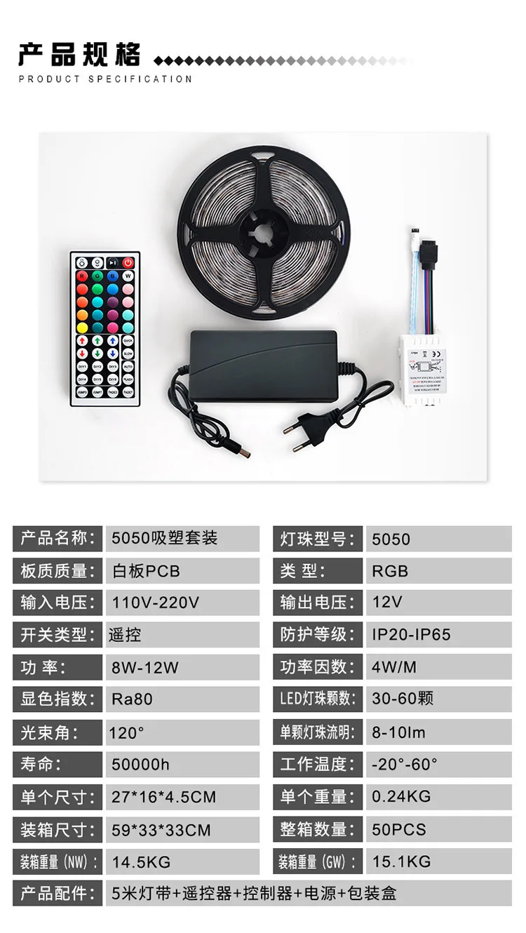 Светодиодная лента 2835/5050 RGB, 12 В, с пультом и адаптером, комплект
