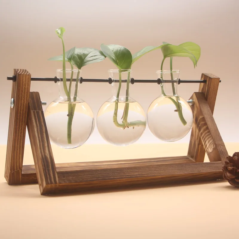 Настольная ваза из боросиликатного стекла на деревянной подставке для гидропоники