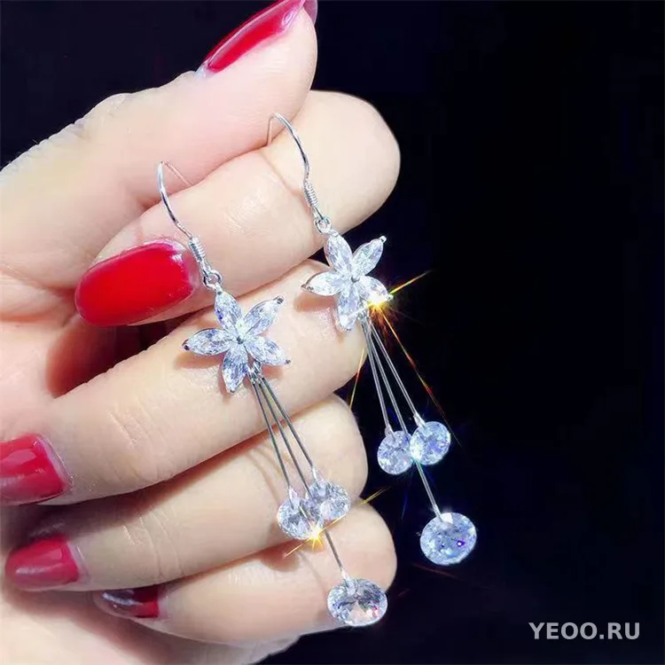 Серьги-гвоздики и подвески из серебра 925 пробы с кристаллами, длинные с кисточками, универсальные