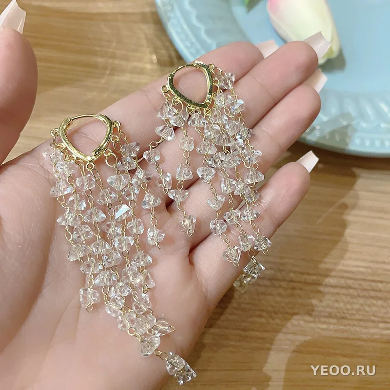 Серьги-подвески геометрические с кристаллами и кисточками, стиль Европа-Америка