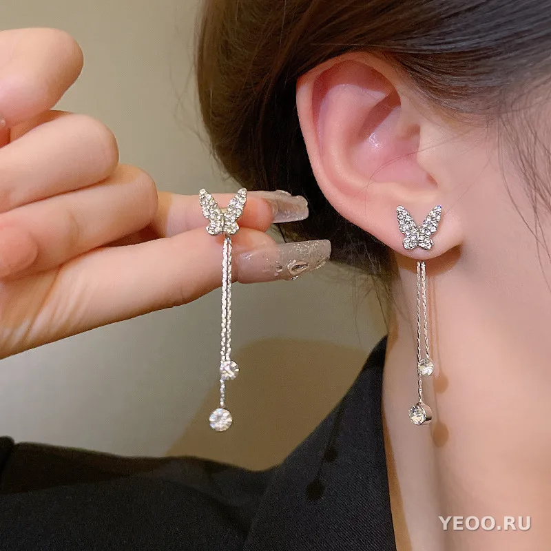 Длинные серьги-кисточки с бабочкой и чёрным сердцем, асимметричные
