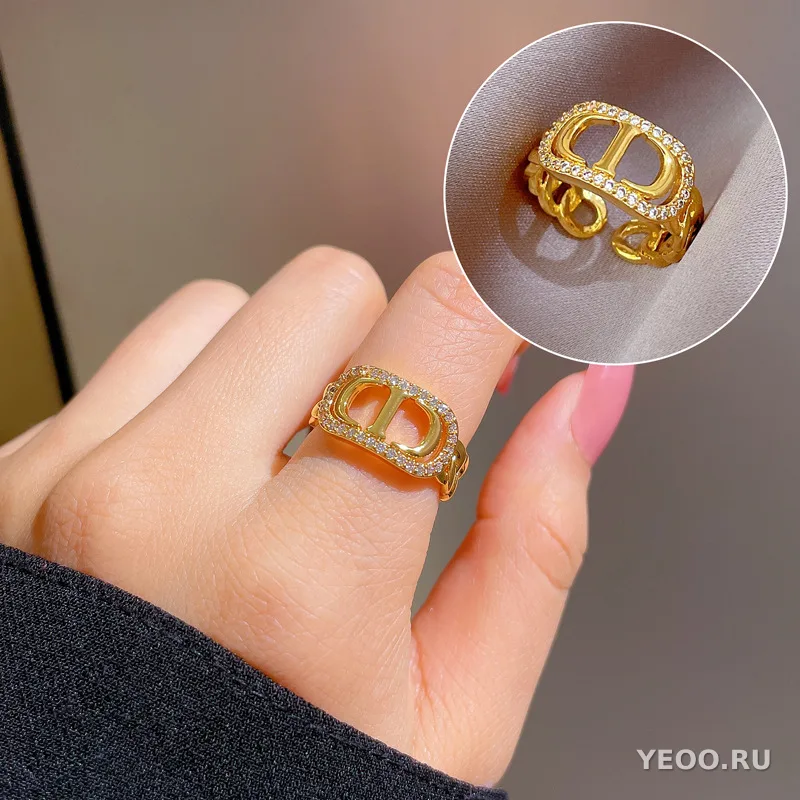 Кольцо женское с золочением, геометрическое, круглые бусины со стразами, разомкнутое