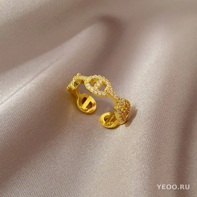 Кольцо женское с золочением, геометрическое, круглые бусины со стразами, разомкнутое