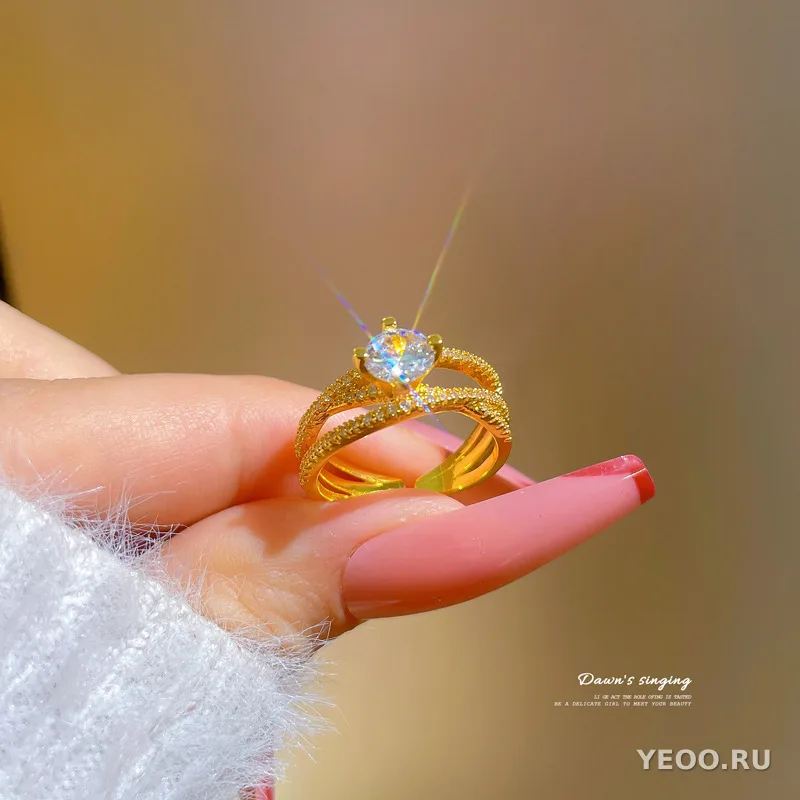 Кольцо женское с золочением, геометрическое, круглые бусины со стразами, разомкнутое