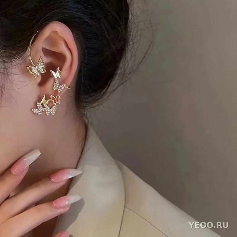 Серьги-подвески-бабочки и кисточки, сплав, без прокола
