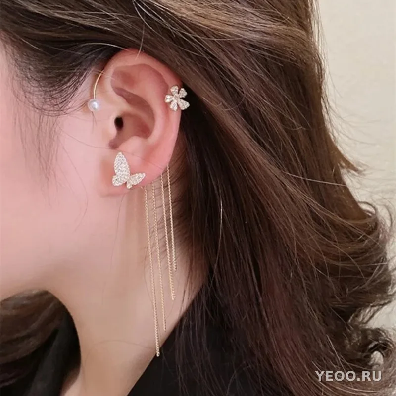 Серьги-подвески-бабочки и кисточки, сплав, без прокола