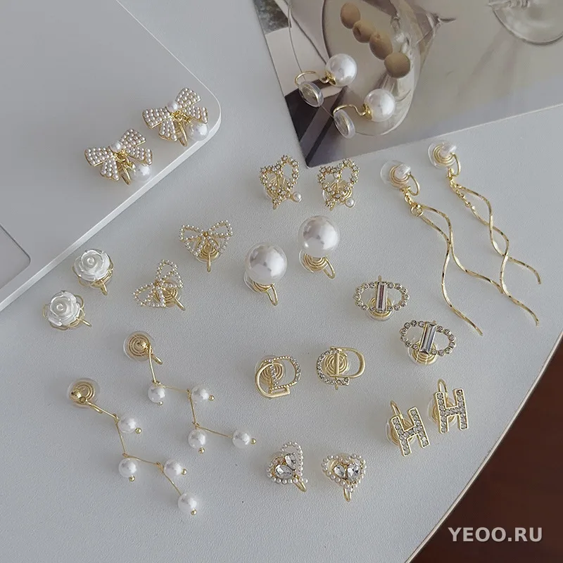 Серьги-клипсы в гонконгском стиле с жемчугом и цветочным бантом