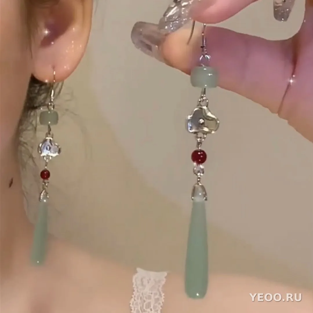 Серьги-подвески женские из нефрита в новокитайском стиле с подвесками-кисточками
