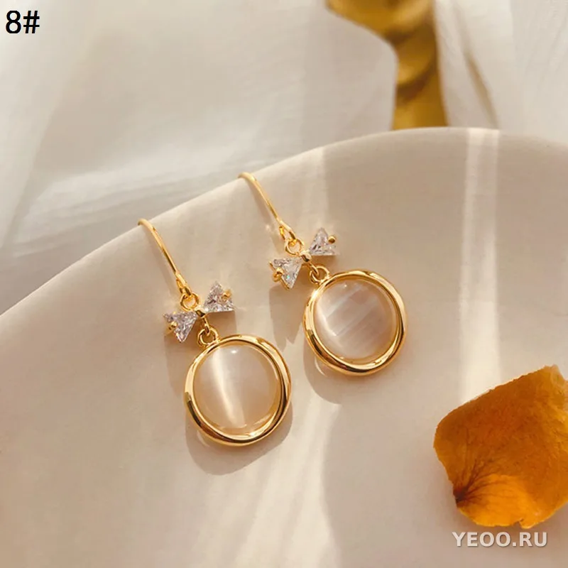 Серьги-гвоздики с камнем 'кошачий глаз' и серебряной иглой, формы сердца, цветка, квадрата, треугольника