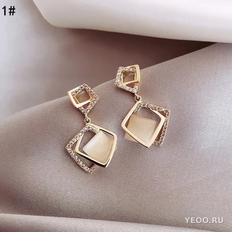 Серьги-гвоздики с камнем 'кошачий глаз' и серебряной иглой, формы сердца, цветка, квадрата, треугольника