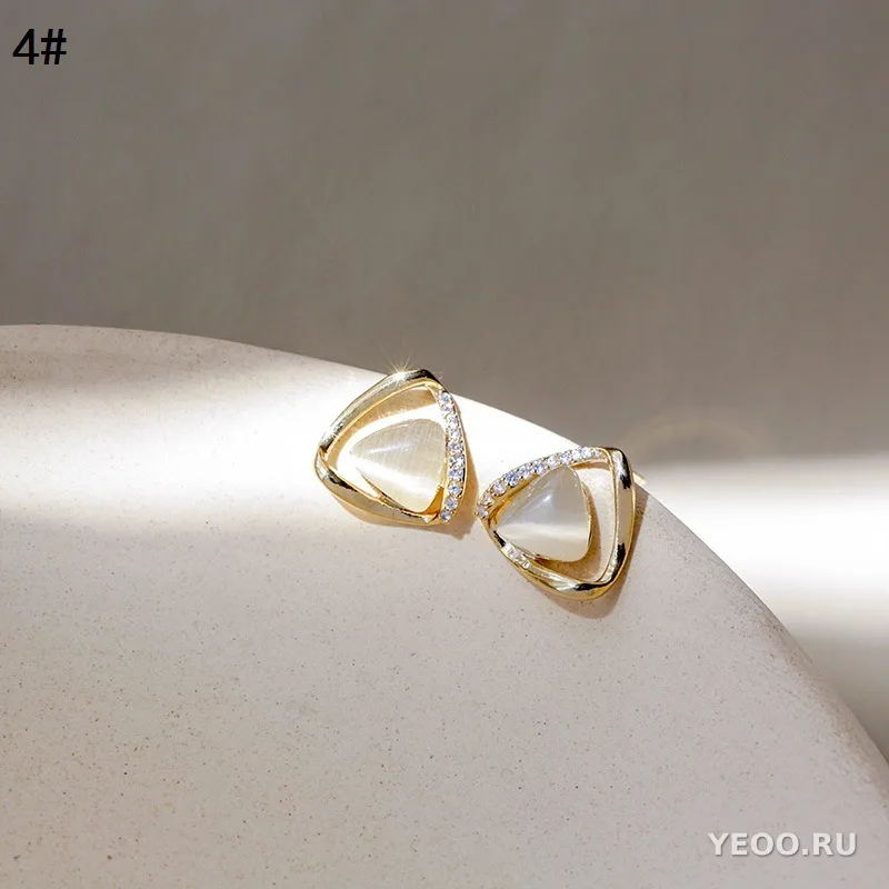 Серьги-гвоздики с камнем 'кошачий глаз' и серебряной иглой, формы сердца, цветка, квадрата, треугольника