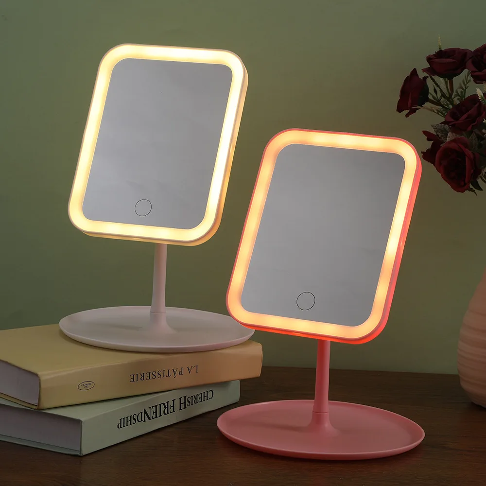 Настольное LED-зеркало для макияжа, большое квадратное, с хранением