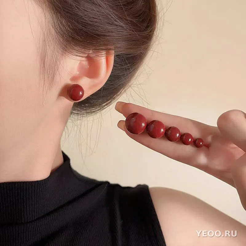 Серьги-гвоздики из серебра S925 в гонконгском стиле, красные бусины из цзюньшаня