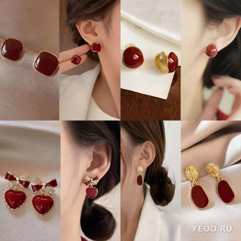 Серьги-гвоздики из серебра S925 в гонконгском стиле, красные бусины из цзюньшаня