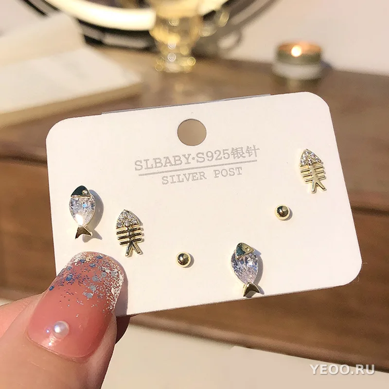 Серьги-гвоздики из серебра 925 пробы, асимметричные, с мотивами лебедя, снежинки, котёнка