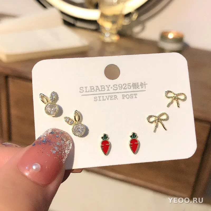 Серьги-гвоздики из серебра 925 пробы, асимметричные, с мотивами лебедя, снежинки, котёнка