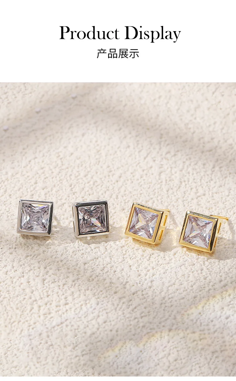 Серьги-гвоздики ромбовидные с цирконием, позолота 14K, серебряные штифты