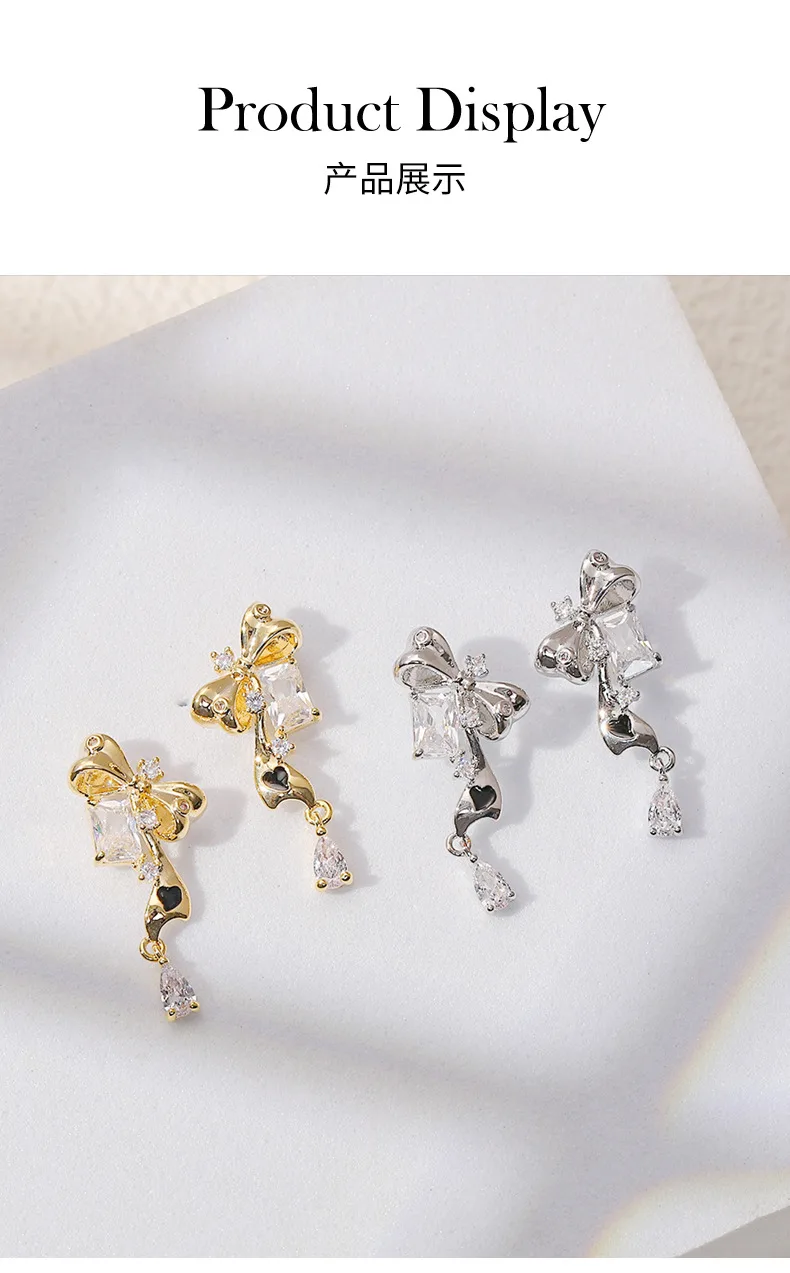 Серьги-гвоздики с бантом и сердцем, эмаль и цирконий, позолота 14K