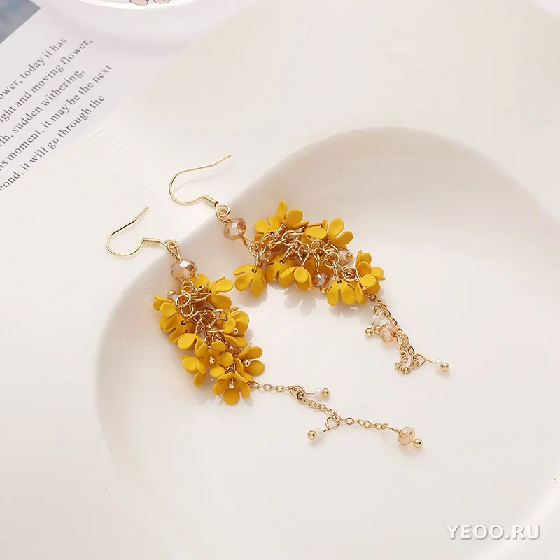 Серьги-подвески с цветочным узором и кисточками, длинные, в стиле «лесной эстетики»