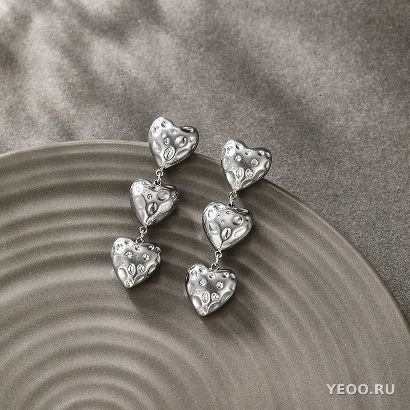 Серьги-подвески из нержавеющей стали 304, длинные, с эффектом складок и формой сердца
