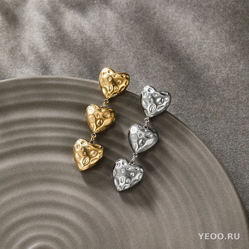 Серьги-подвески из нержавеющей стали 304, длинные, с эффектом складок и формой сердца