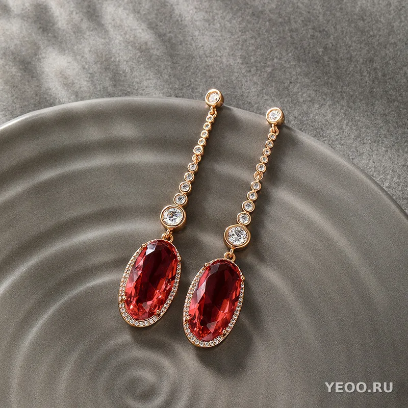 Серьги-подвески с цирконием и гранатовым камнем, из сплава