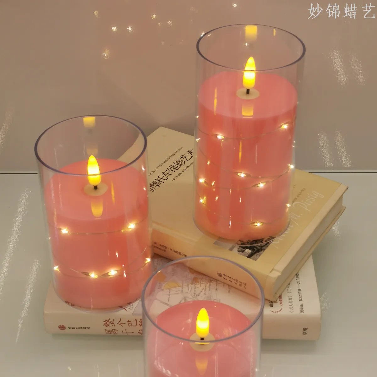 LED-свеча в стакане розовая с гирляндой, 7,5 см, для праздников