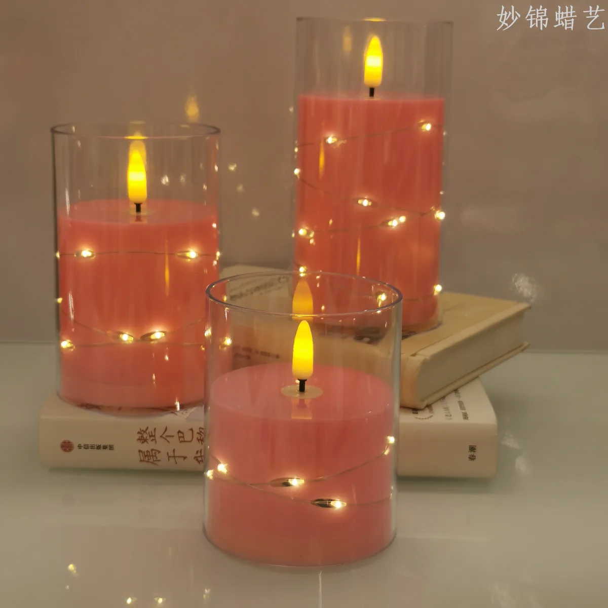 LED-свеча в стакане розовая с гирляндой, 7,5 см, для праздников