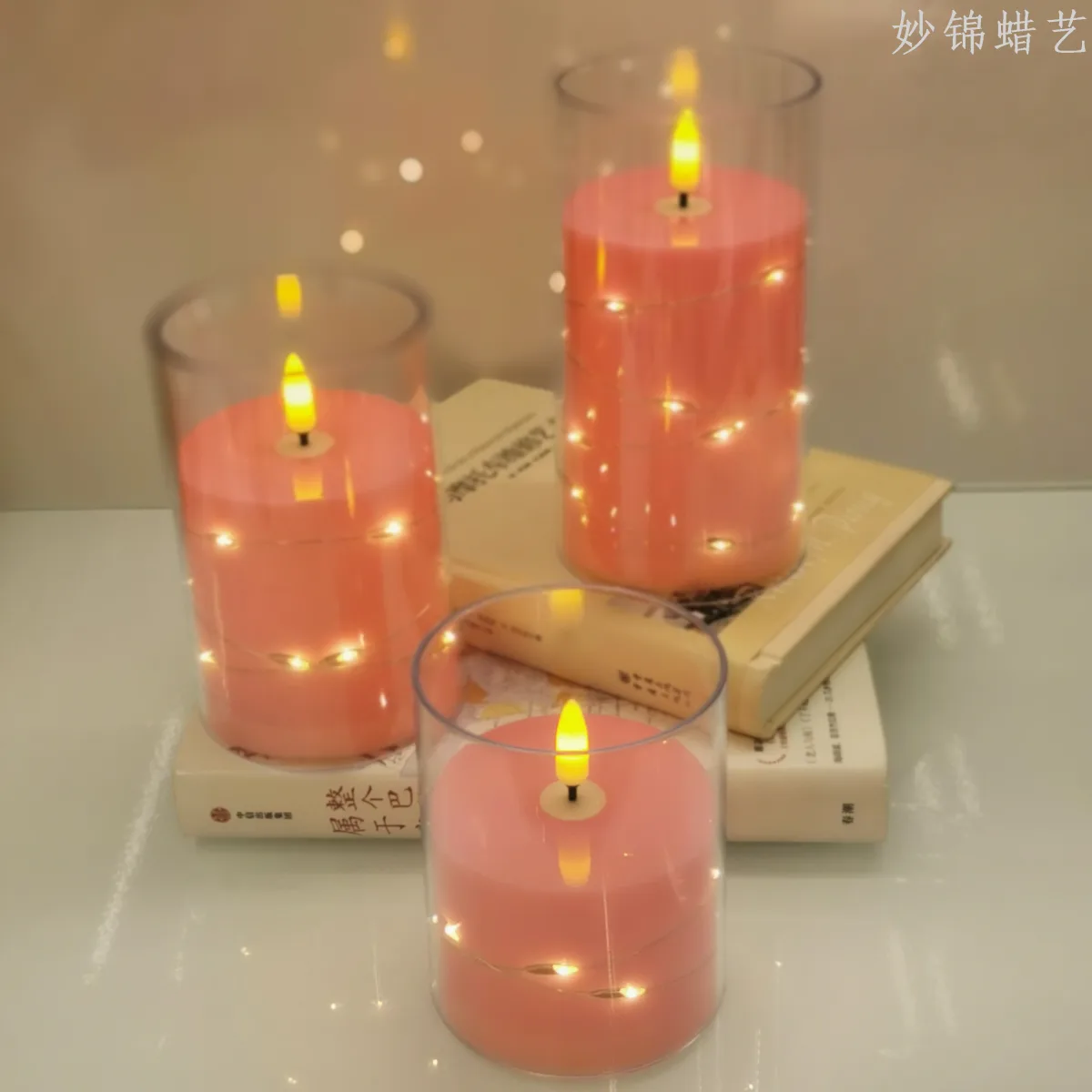 LED-свеча в стакане розовая с гирляндой, 7,5 см, для праздников