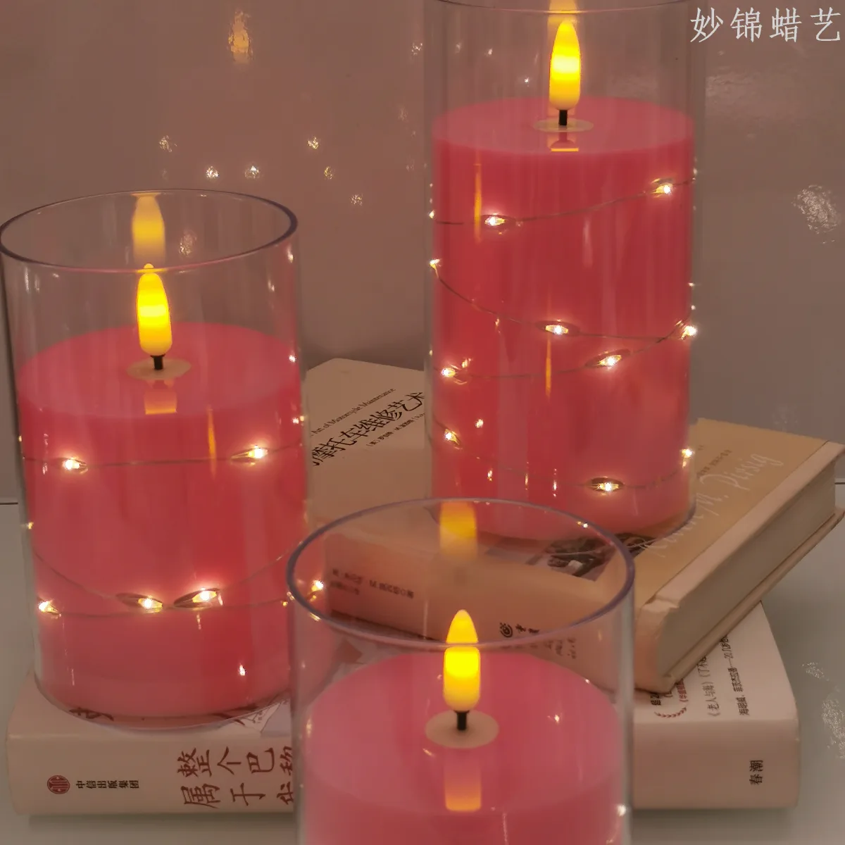 LED-свеча в стакане розовая с гирляндой, 7,5 см, для праздников