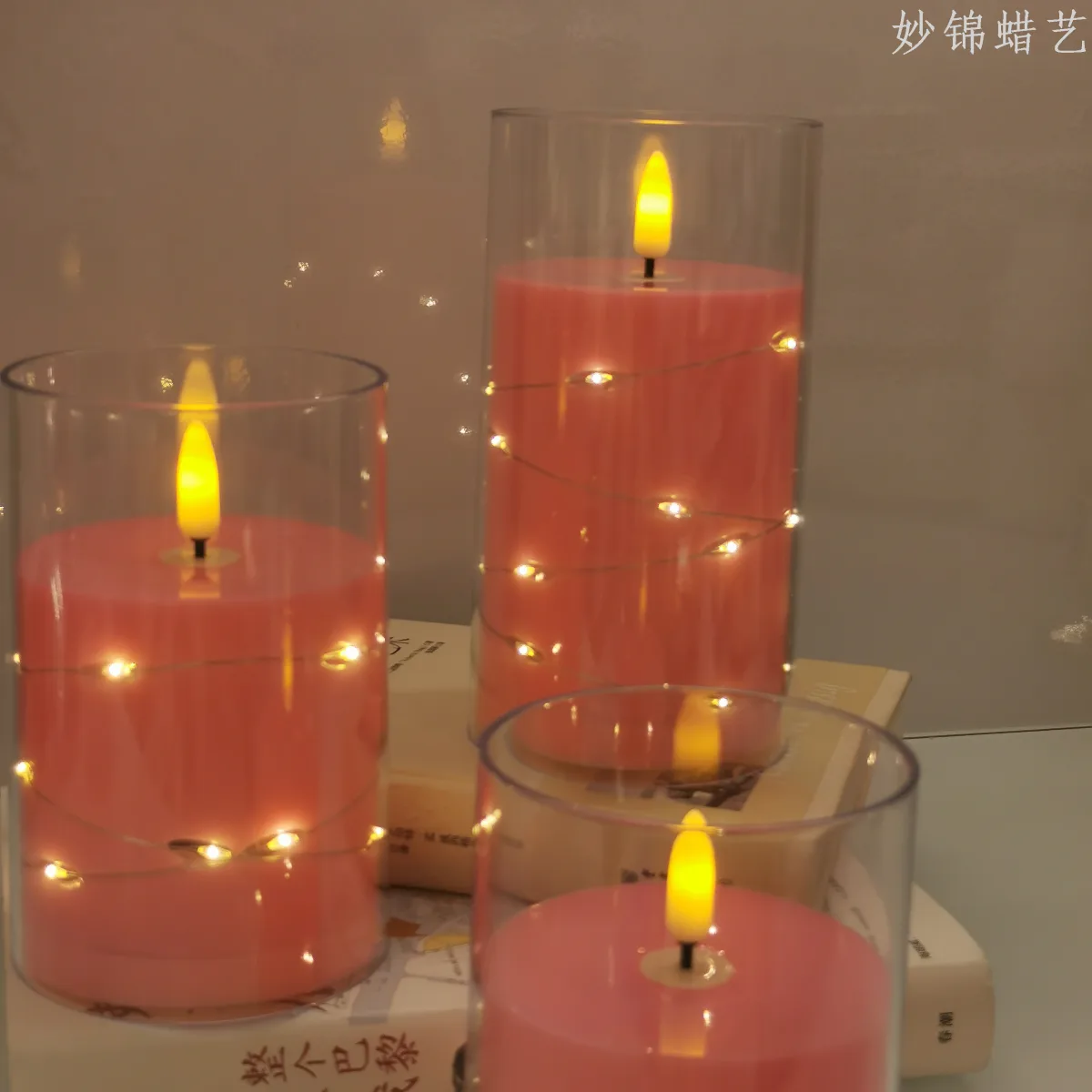 LED-свеча в стакане розовая с гирляндой, 7,5 см, для праздников