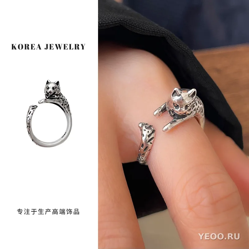 Кольцо из серебра 925 с котиком, разомкнутое, для указательного пальца, женское