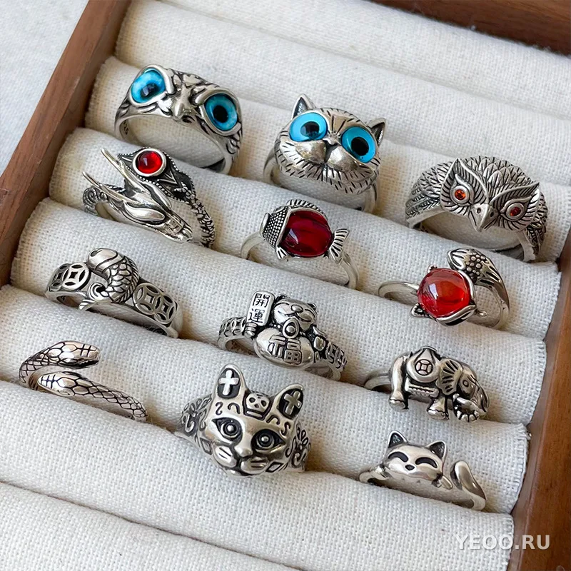 Кольцо из серебра 925 с котиком, разомкнутое, для указательного пальца, женское