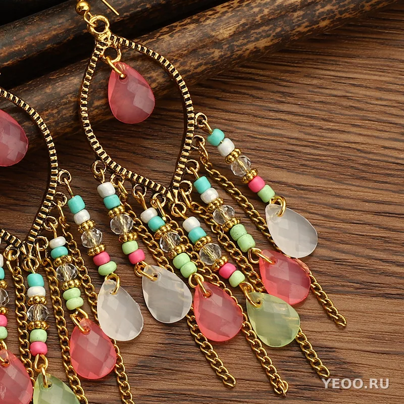 Длинные серьги-кисточки из смолы в богемском стиле, каплевидные