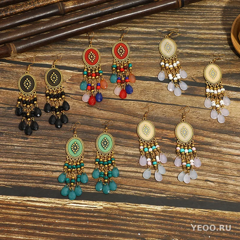 Длинные серьги-кисточки из смолы в богемском стиле, каплевидные