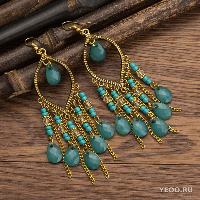 Длинные серьги-кисточки из смолы в богемском стиле, каплевидные