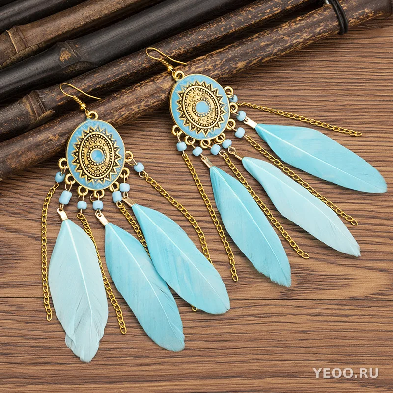 Серьги-кисточки в этническом стиле с перьями, длинные, из сплава