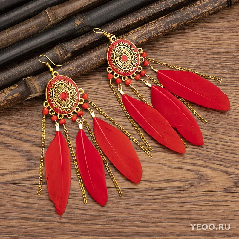 Серьги-кисточки в этническом стиле с перьями, длинные, из сплава