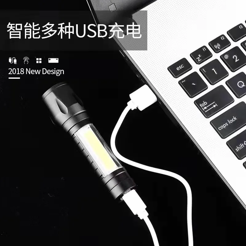Светодиодный фонарь из алюминиевого сплава с зумом и боковым светом COB, USB-зарядка