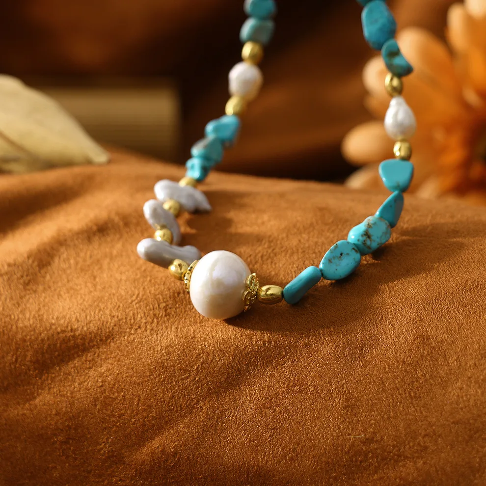 Колье-цепочка из натурального пресноводного жемчуга с бирюзой, винтажное