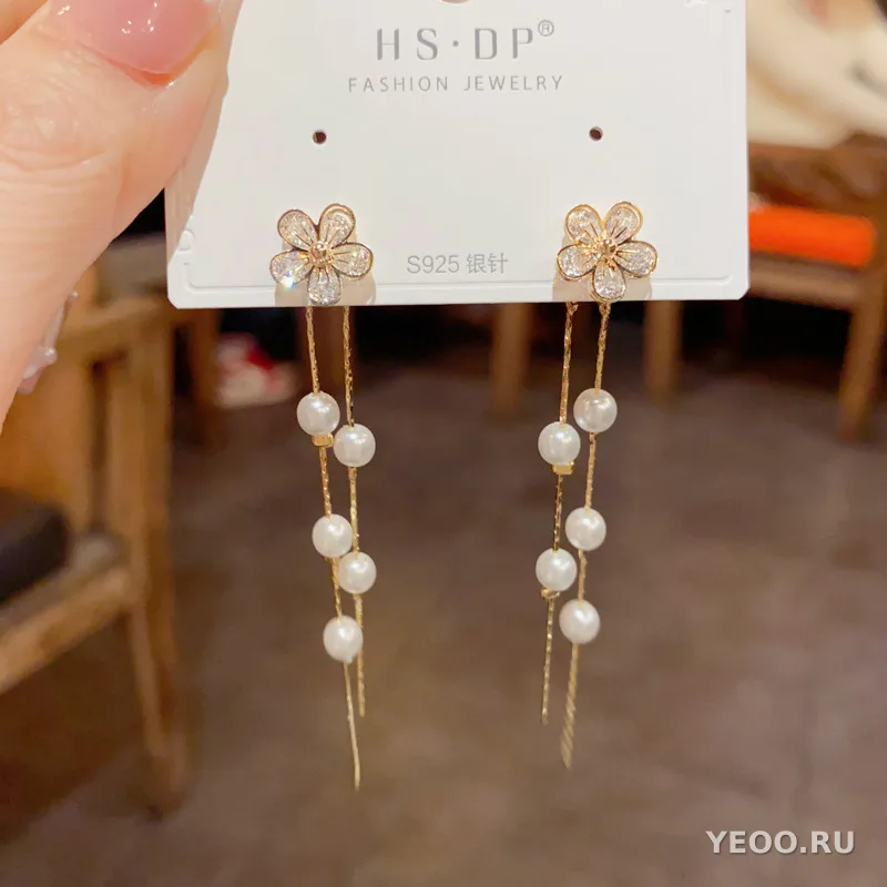 Серьги-подвески с цветочным узором, цирконием и жемчугом, с кисточками, длинные, из латуни с позолотой