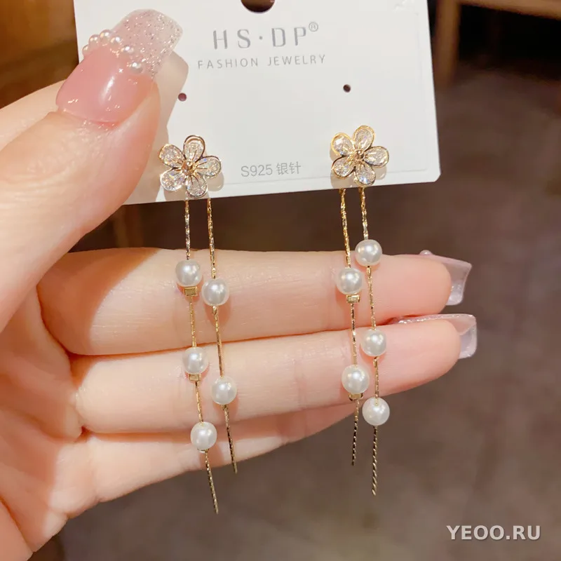 Серьги-подвески с цветочным узором, цирконием и жемчугом, с кисточками, длинные, из латуни с позолотой