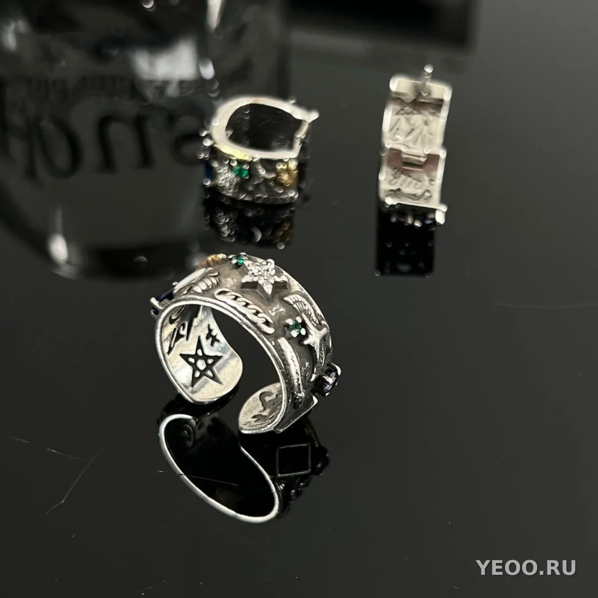 Комплект браслет, кольцо и серьги-гвоздики из меди с серебряным покрытием, цветочный рельеф