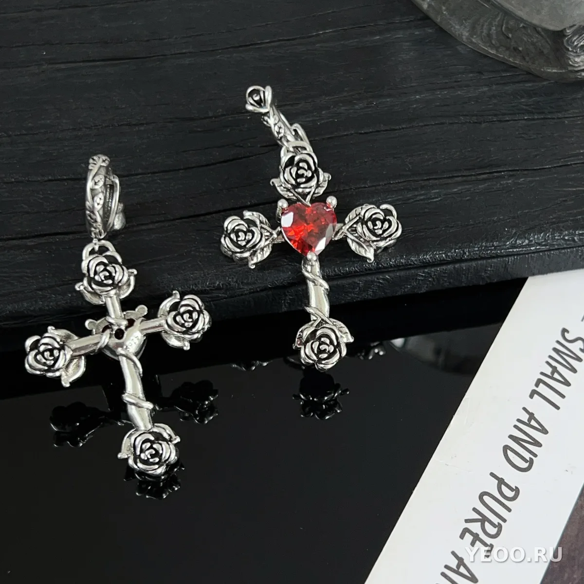 Серьги-зажимы с розой и крестом, на 925-пробной серебряной основе