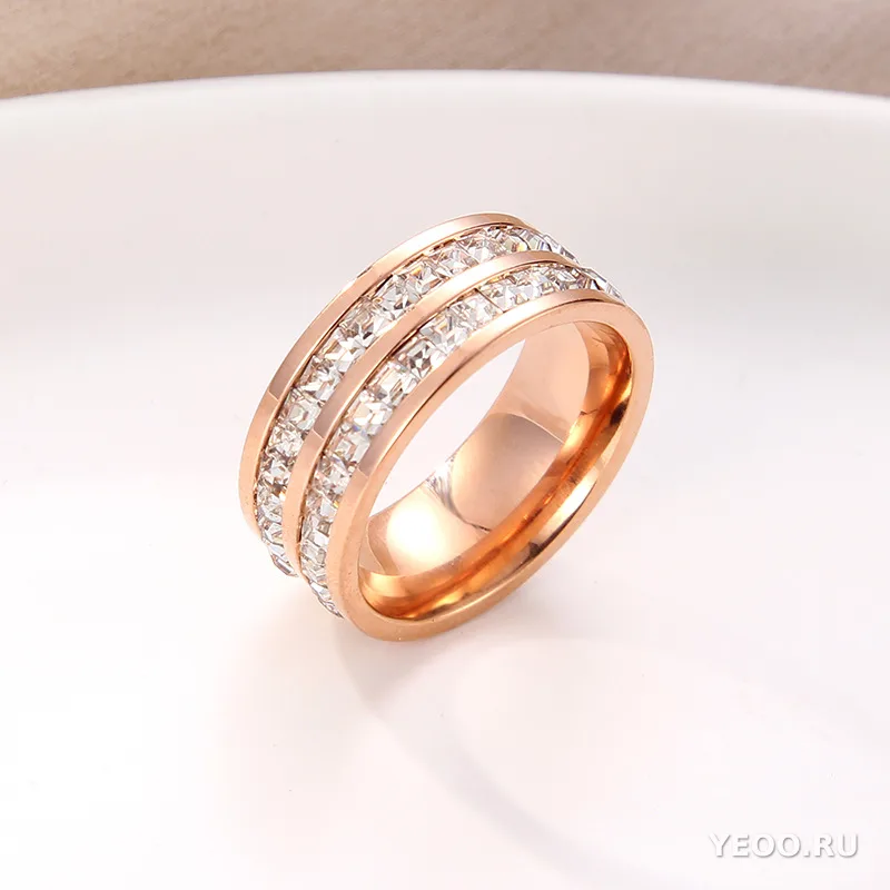 Кольцо женское из титановой стали с покрытием 18K розовое золото, однорядное или двухрядное, с фианитами