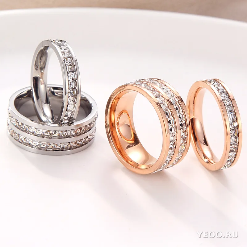 Кольцо женское из титановой стали с покрытием 18K розовое золото, однорядное или двухрядное, с фианитами