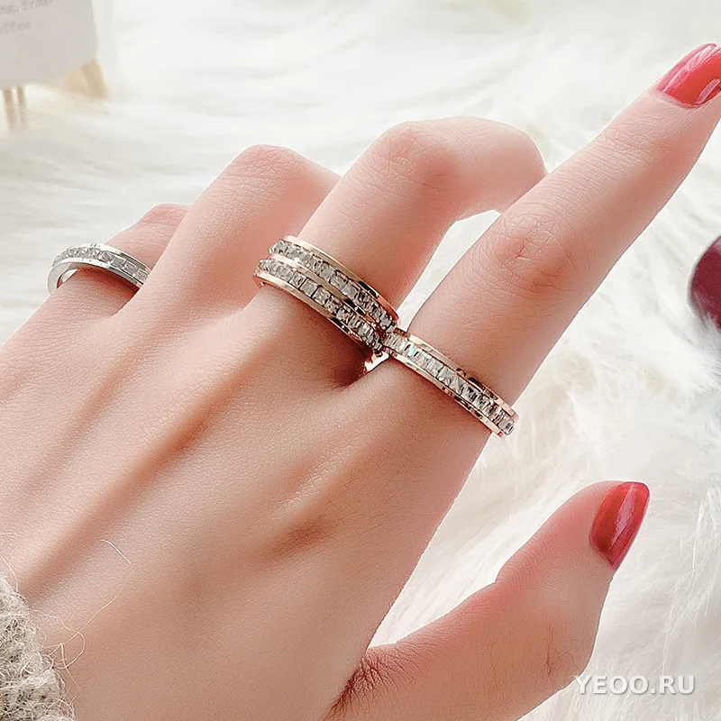 Кольцо женское из титановой стали с покрытием 18K розовое золото, однорядное или двухрядное, с фианитами